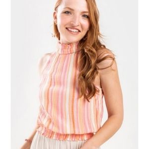 Angie‎ Halter Smocked Waist Stripe Teal Top